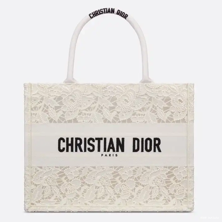 Hot Canvas Dior Macrame Motif Tote Book D-Lace White 0509
